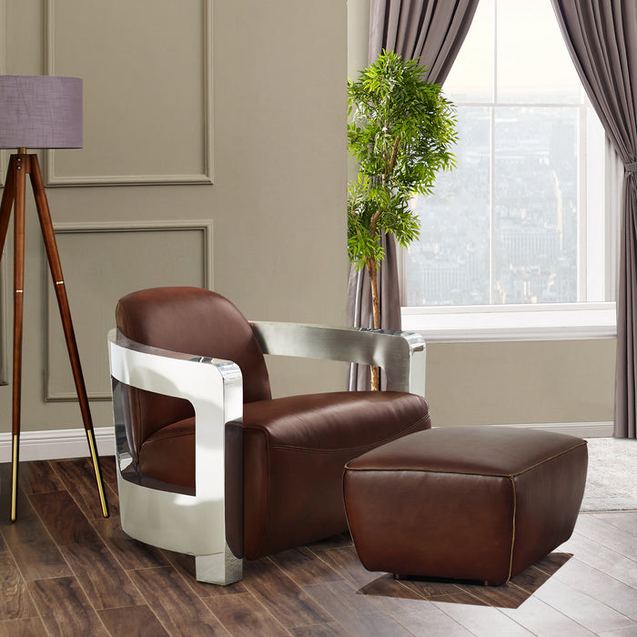 Sunset Trading Milan Leather and Chrome Aviator Armchair with Ottoman | Brown