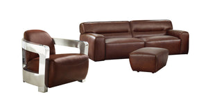 Sunset Trading Milan Leather 3 Piece Living Room Set | Sofa | Aviator Chair with Chrome Arms | Ottoman | Brown