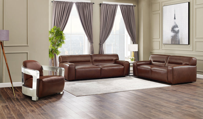 Sunset Trading Milan Leather 3 Piece Living Room Set | Sofa | Loveseat | Aviator Chair with Chrome Arms | Brown
