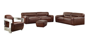 Sunset Trading Milan Leather 4 Piece Living Room Set | Sofa | Loveseat | Aviator Chair with Chrome Arms | Ottoman | Brown