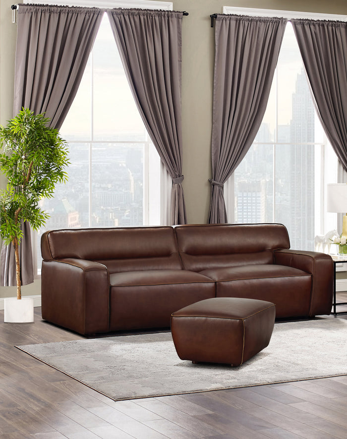 Sunset Trading Milan Leather 2 Piece Living Room Set | Sofa with Ottoman | Brown (Discontinued)