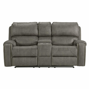 Sunset Trading Calvin 78" Wide Dual Reclining Loveseat with Storage Console | Nailheads | Easy to Clean Gray Fabric