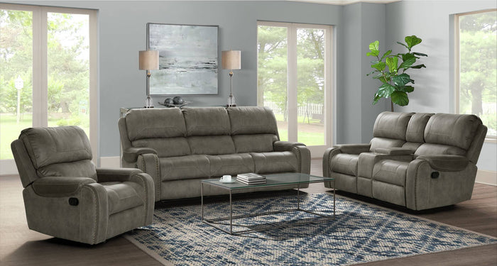 Sunset Trading Calvin 3 Piece Reclining Living Room Set | Sofa, Recliner and Loveseat with Storage Console | Nailheads | Easy to Clean Gray Upholstery