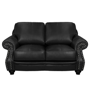 Sunset Trading Charleston 63" Wide Top Grain Leather Loveseat | Black Rolled Arm Small Couch with Nailheads