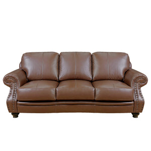 Sunset Trading Charleston 86" Wide Top Grain Leather Sofa | Chestnut Brown 3 Seater Rolled Arm Couch with Nailheads