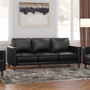 Sunset Trading Prelude 79" Wide Black Top Grain Leather Sofa | Mid Century Modern 3 Seater Couch