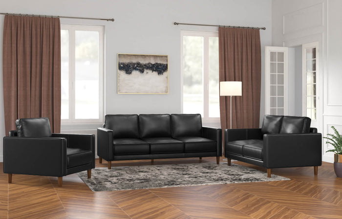 Sunset Trading Prelude 3 Piece Black Top Grain Leather Living Room Set | Mid Century Modern Sofa Loveseat and Chair