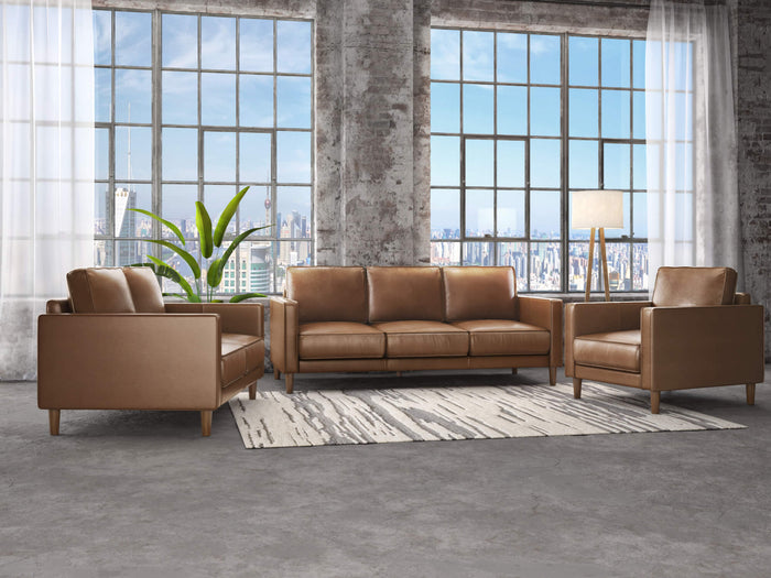 Sunset Trading Prelude 3 Piece Top Grain Leather Living Room Set | Chestnut Brown