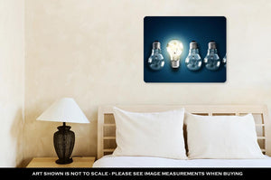 Metal Panel Print, Illuminated Light Bulb In A Row Of Dim Ones Concept For Creativity Innovation