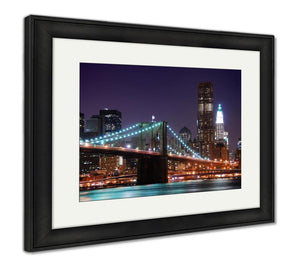 Framed Print, New York City Brooklyn Bridge Manhattan Skyline Skyscrapers Over