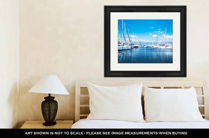 Framed Print, Sailboat Harbor Many Beautiful Moored Sail Yachts In The Sea Port Modern Water