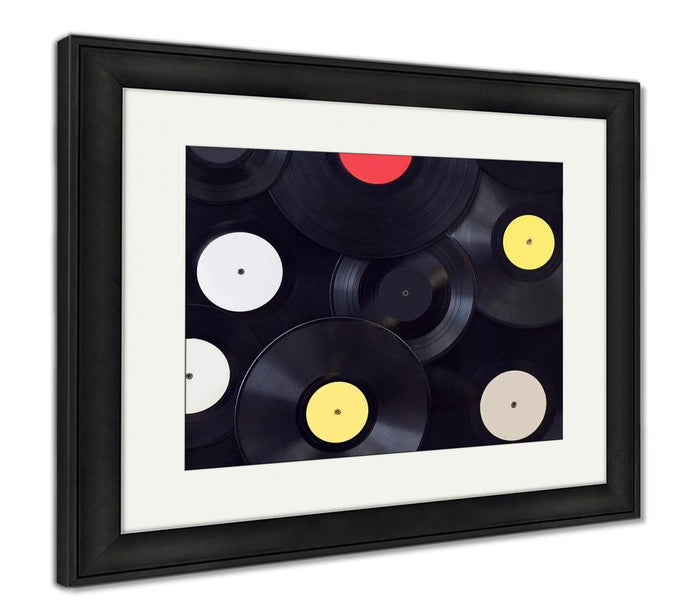 Framed Print, Many Vinyl Disks Musical Abstract