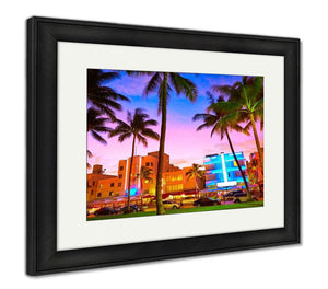 Framed Print, Miami Beach South Beach Sunset In Ocean Drive Florida Art Deco